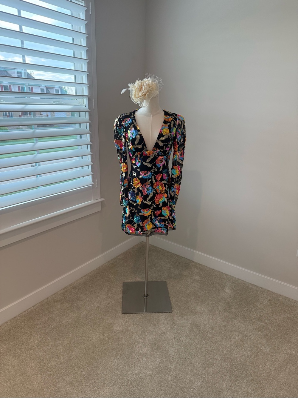 Black Sequin Floral V-Neck Long Sleeve Mini Dress - Picture 2 of 8